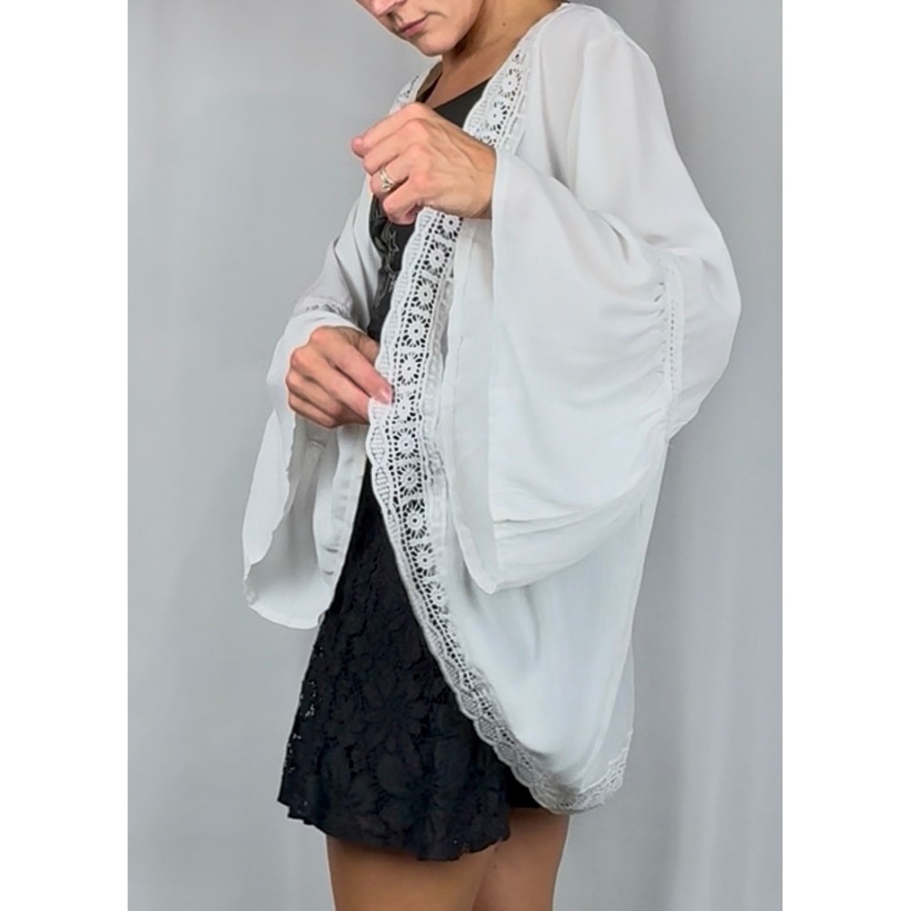 White Boho Kimono Cover-Up with Crochet Trim | Festival Duster Vibes | OS